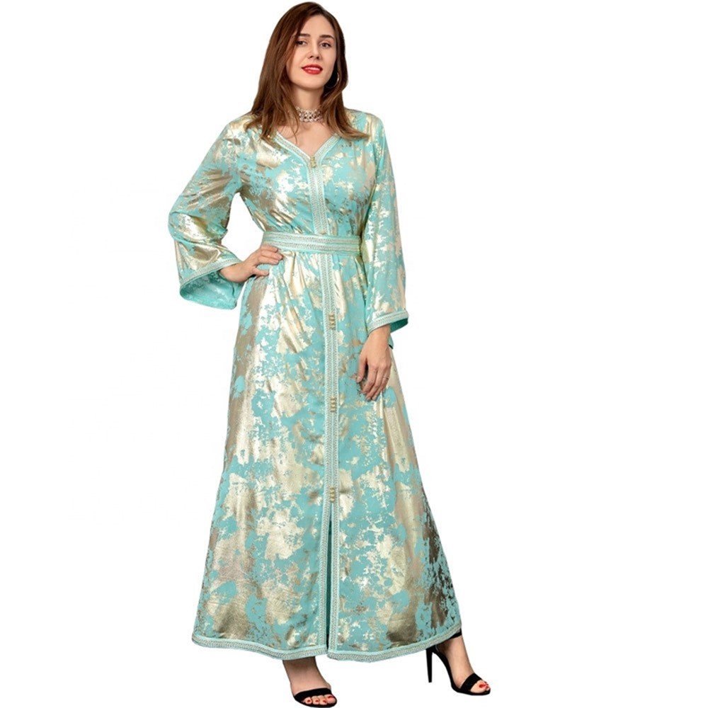 Spring 2022 New Middle East Muslim Bronzing Robe Female Sequin Abaya Dress With Belt Dubai Islamic Abaya Cardigan Kaftan Dress