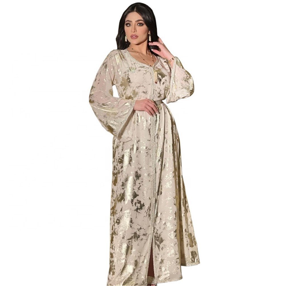 Spring 2022 New Middle East Muslim Bronzing Robe Female Sequin Abaya Dress With Belt Dubai Islamic Abaya Cardigan Kaftan Dress