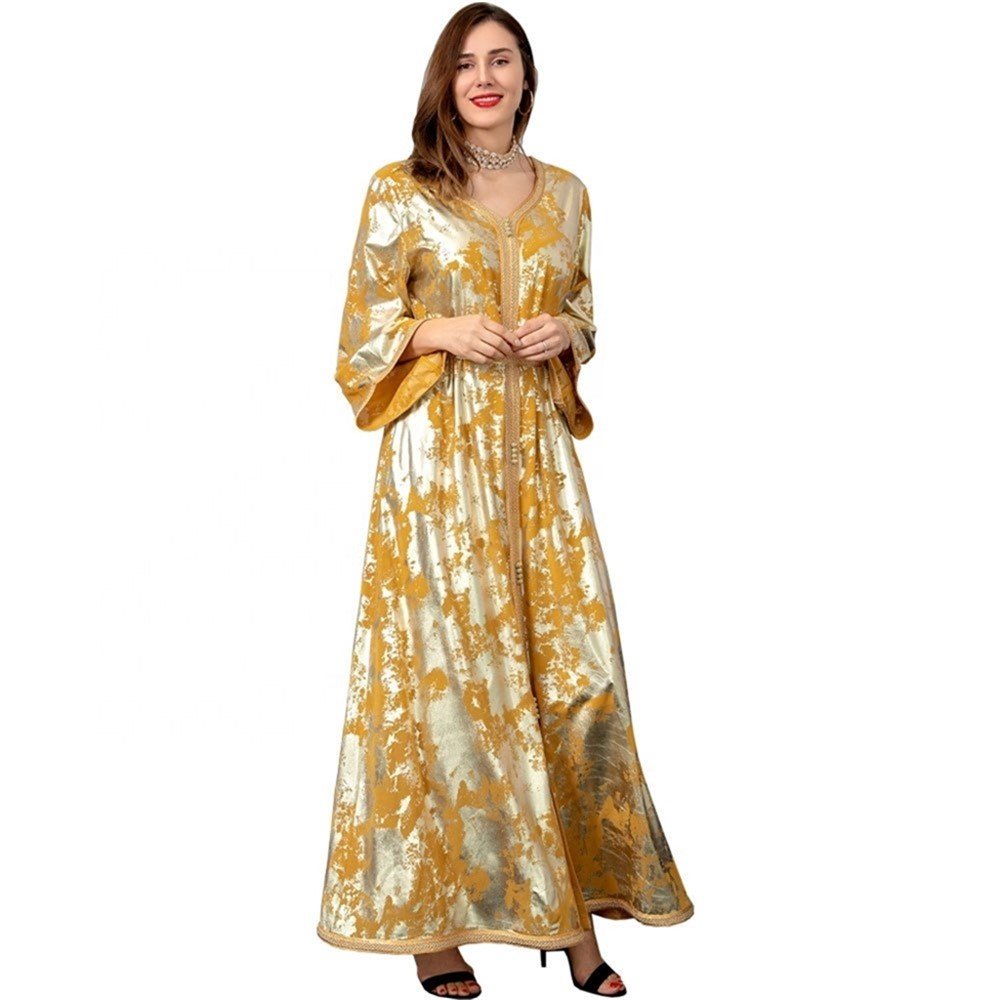 Spring 2022 New Middle East Muslim Bronzing Robe Female Sequin Abaya Dress With Belt Dubai Islamic Abaya Cardigan Kaftan Dress