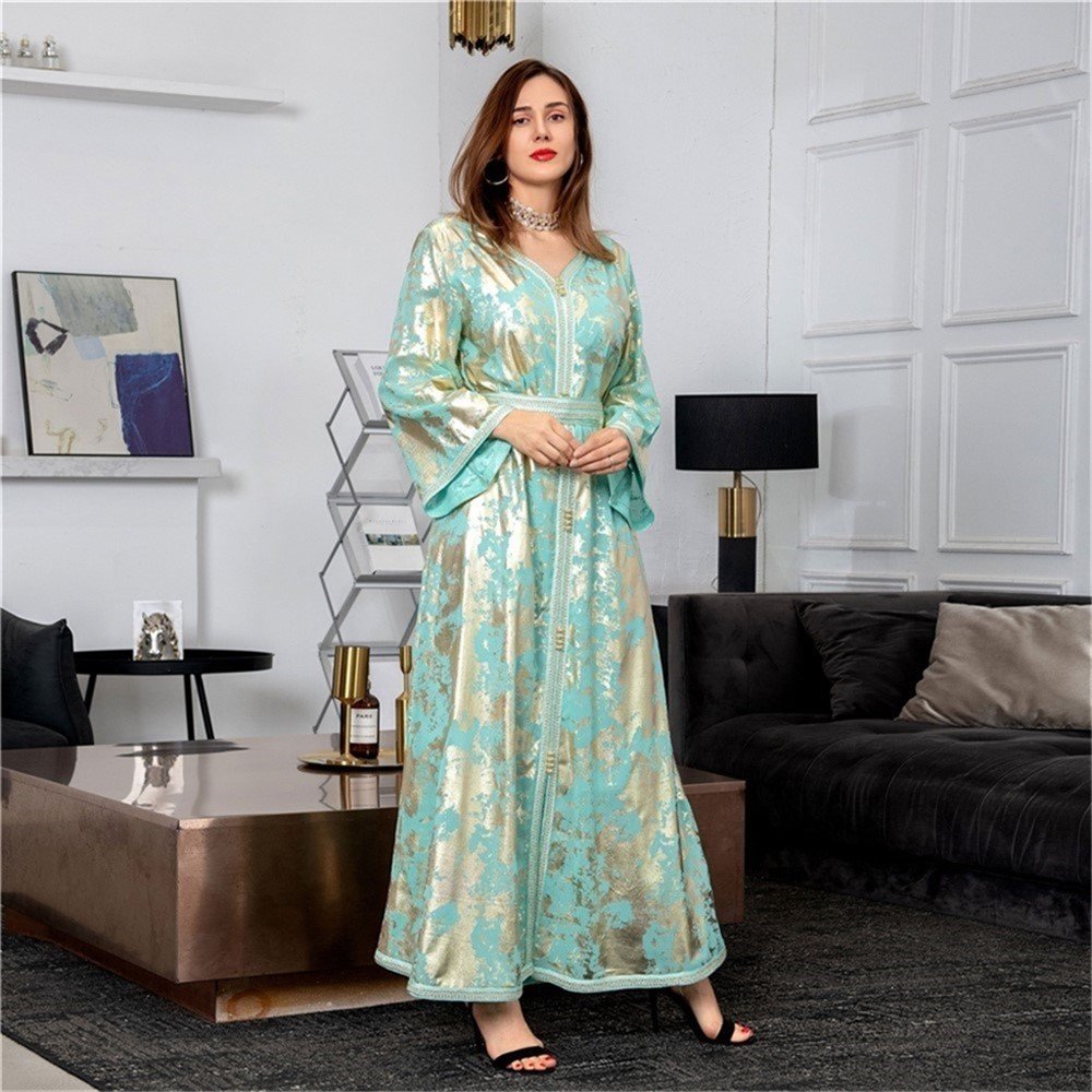 Spring 2022 New Middle East Muslim Bronzing Robe Female Sequin Abaya Dress With Belt Dubai Islamic Abaya Cardigan Kaftan Dress