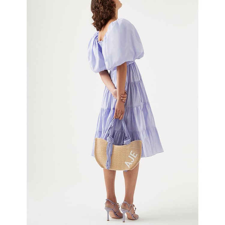 Customization Cotton Linen Ladies Dresses Holiday Balloon Sleeve Ruffles Midi Smocking Summer Casual Dress For Lady
