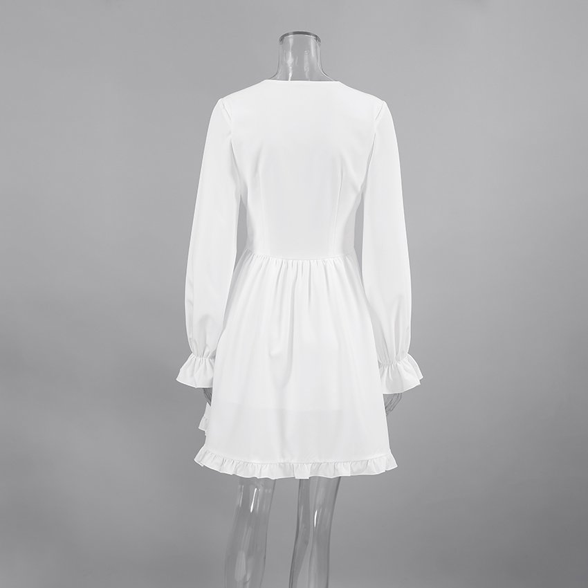 OOTN Spring and Summer Women's White Waist Dress Long Sleeve V-Neck Long Sleeve Ruffle Hem Casual Simple Elegant Dresses