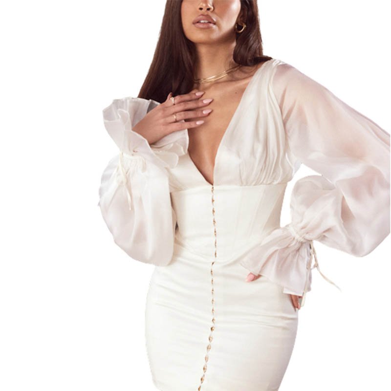Casual Dresses Ladies Sexy 2022 Ivory Long Sleeve V Neck Satin Corset Mini Dress