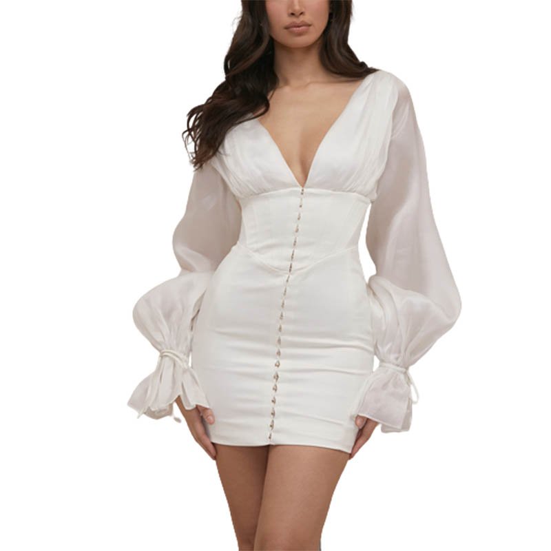 Casual Dresses Ladies Sexy 2022 Ivory Long Sleeve V Neck Satin Corset Mini Dress