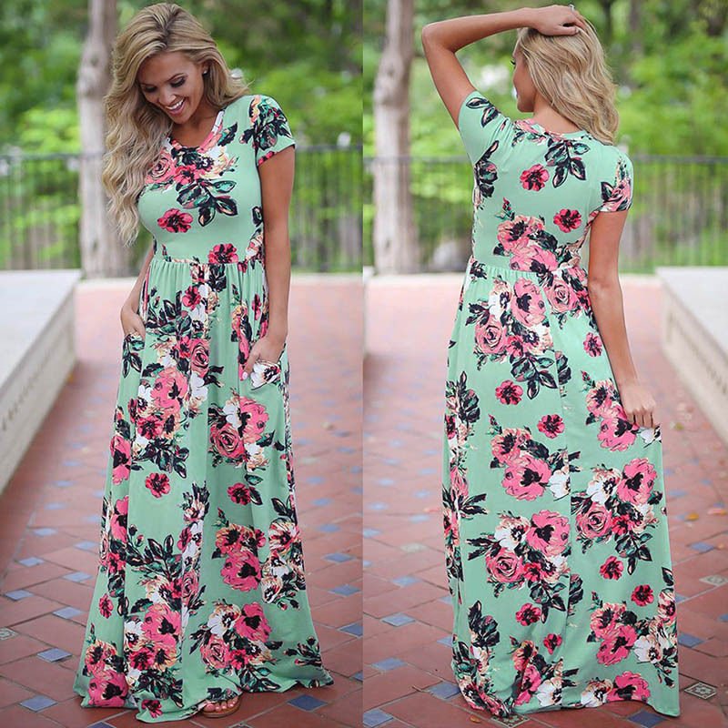 2023 Summer Boho Holiday Custom Vintage Casual Clothing Print Maxi Loose Long Lady Floral Dress For Women