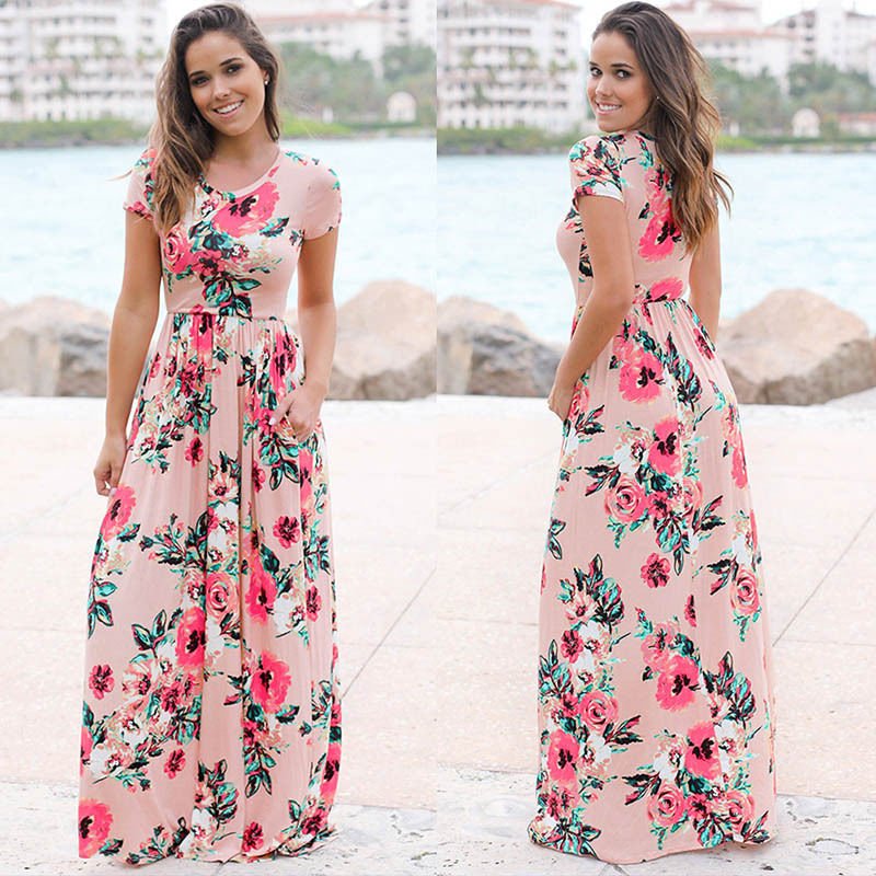 2023 Summer Boho Holiday Custom Vintage Casual Clothing Print Maxi Loose Long Lady Floral Dress For Women