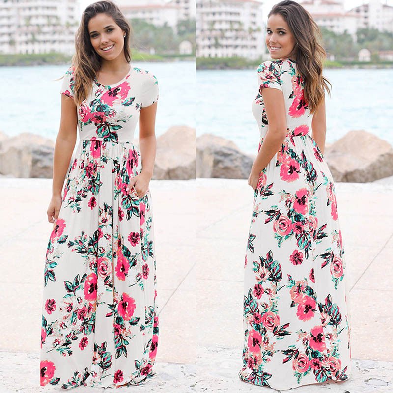 2023 Summer Boho Holiday Custom Vintage Casual Clothing Print Maxi Loose Long Lady Floral Dress For Women