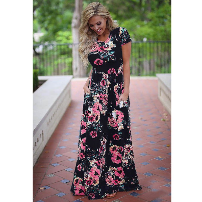2023 Summer Boho Holiday Custom Vintage Casual Clothing Print Maxi Loose Long Lady Floral Dress For Women