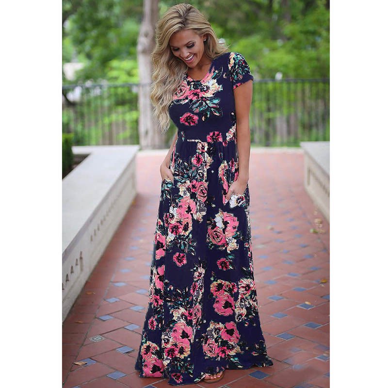 2023 Summer Boho Holiday Custom Vintage Casual Clothing Print Maxi Loose Long Lady Floral Dress For Women
