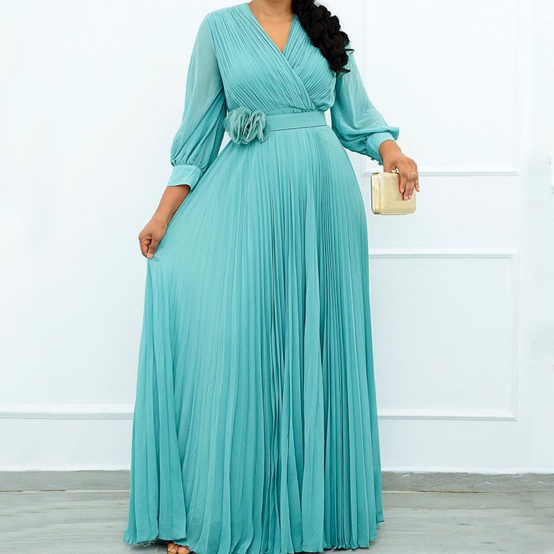 Summer Splicing High Waist Loose Long Plus Size Dress Pleated With Belt Casual Dress Women