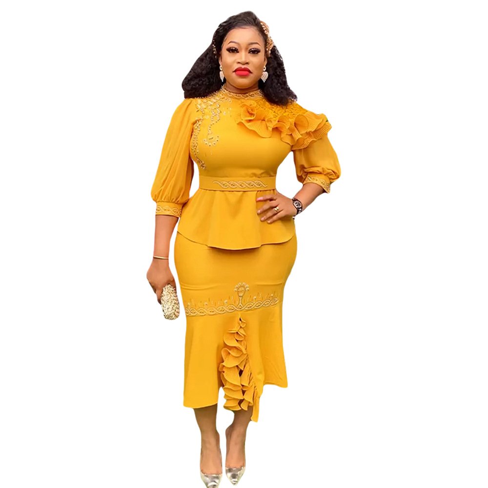 African source women's plus size 2024 new style stitched hot diamond two-piece irregular dress