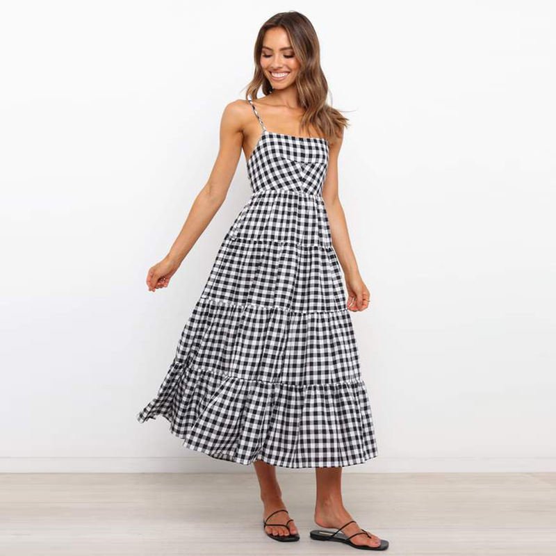 One Piece Checked Pleated Cotton Tiered Skirt Gingham Dress Cross Back Ruffle Midi Dress Women Summer elegant casual dresses