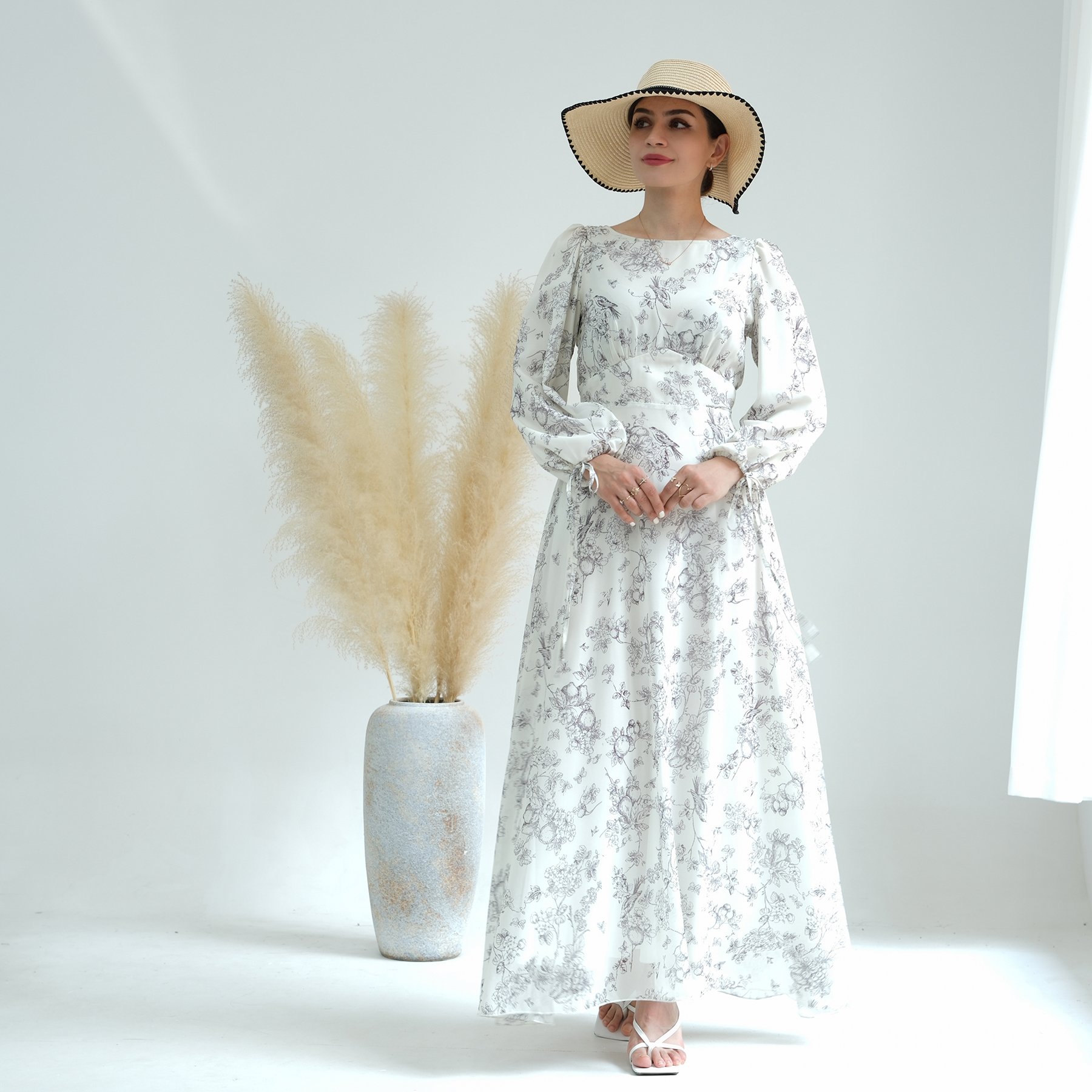 2023 Loriya Abaya Muslim Women Dress Chiffon Stylish Floral Long Dresses Women Summer Muslim Long Dress