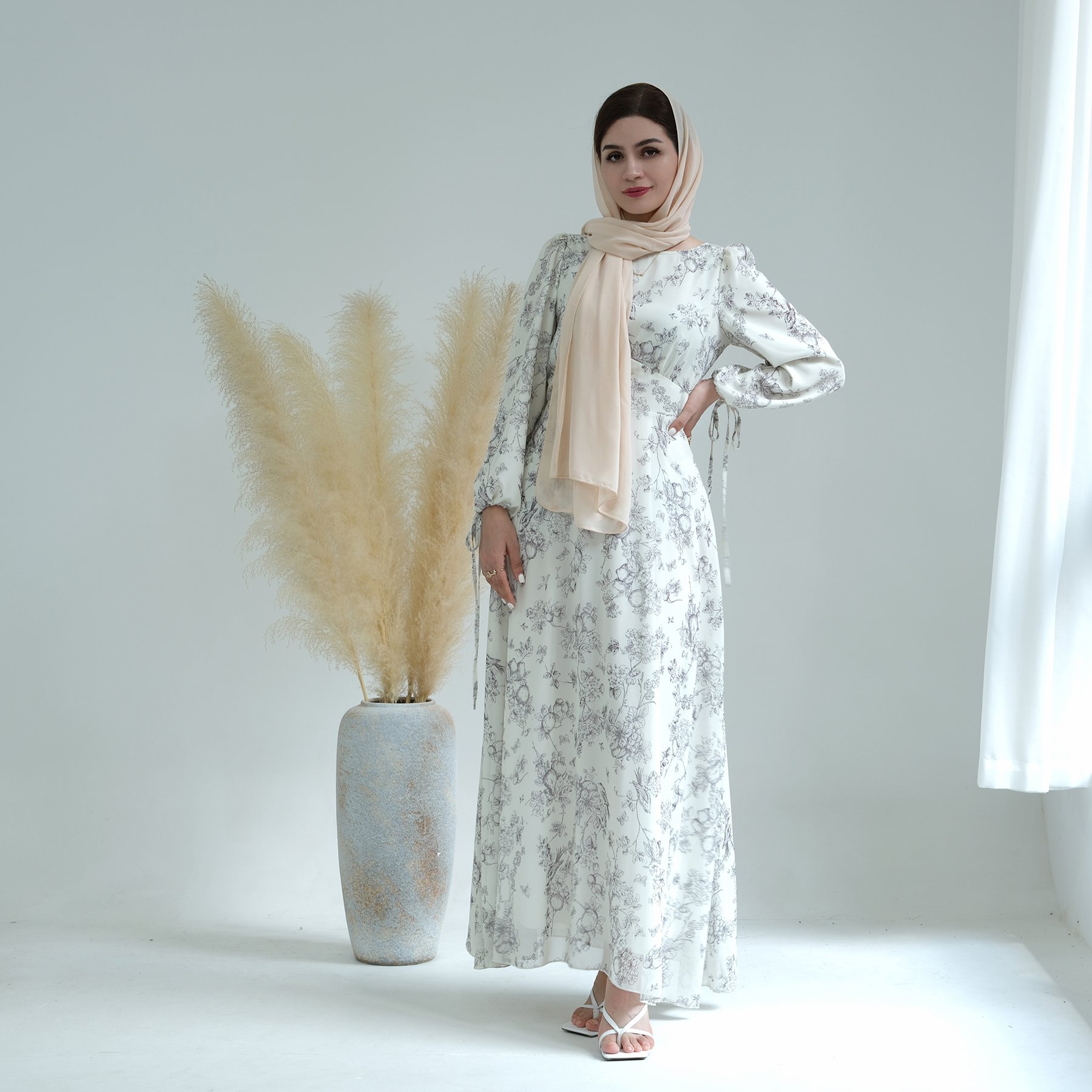 2023 Loriya Abaya Muslim Women Dress Chiffon Stylish Floral Long Dresses Women Summer Muslim Long Dress