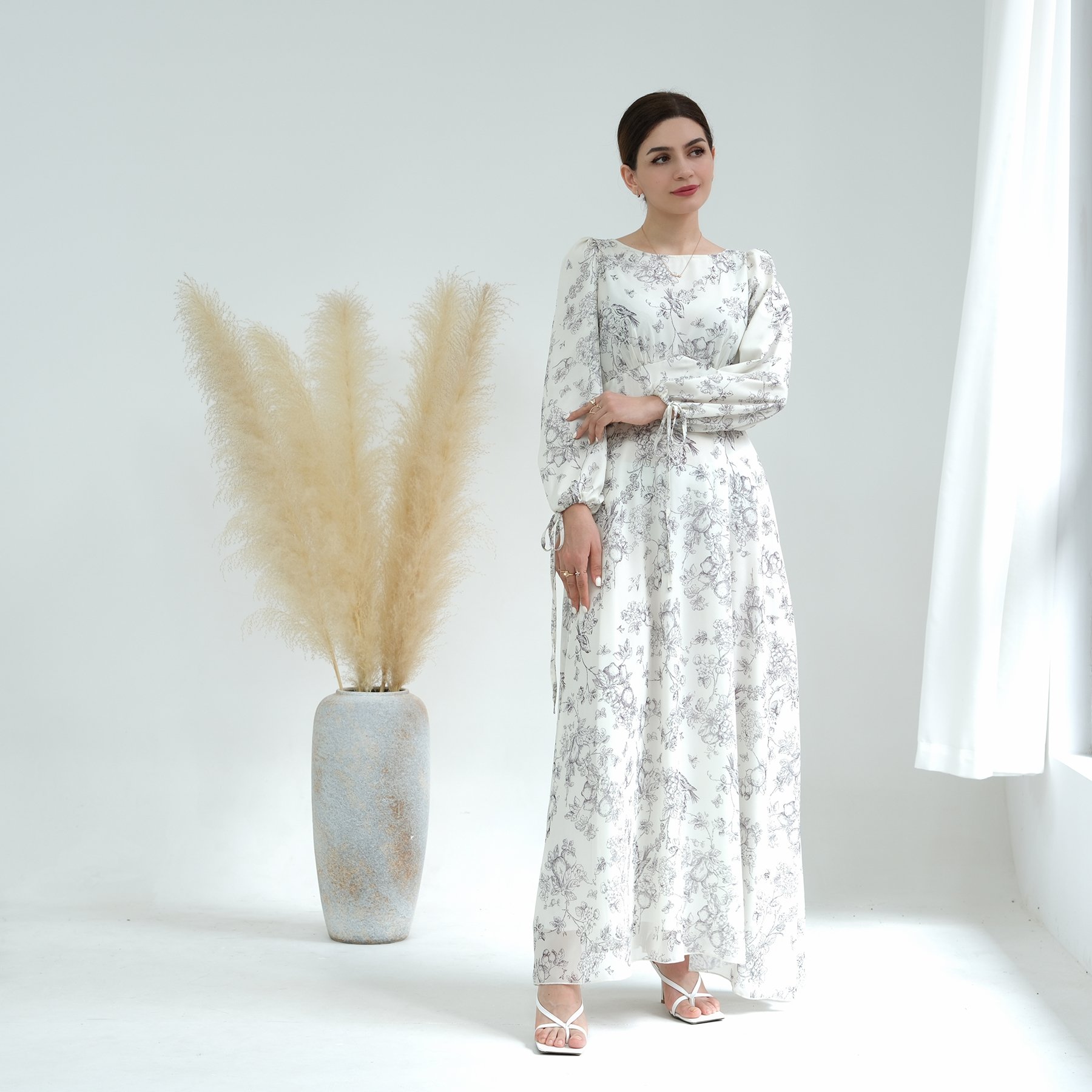 2023 Loriya Abaya Muslim Women Dress Chiffon Stylish Floral Long Dresses Women Summer Muslim Long Dress