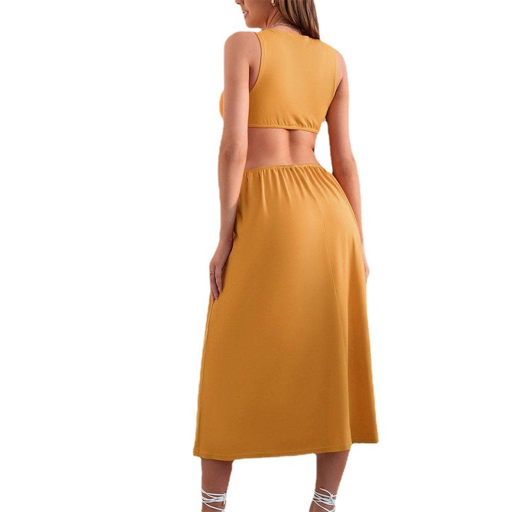 New Arrivals V Neck Hollow Out Knit Waist Lace Up Beach Maxi Vacation Cheap Casual Plus Size Women Dresses