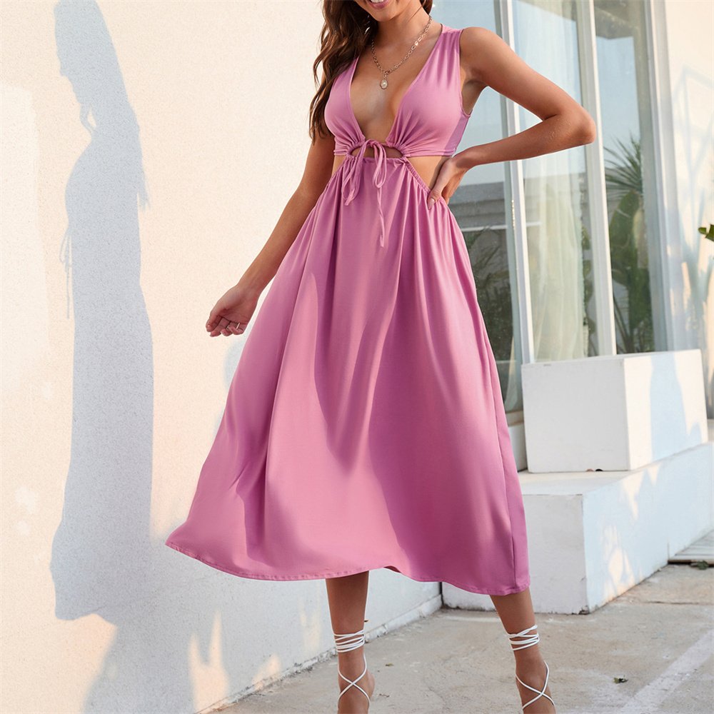 New Arrivals V Neck Hollow Out Knit Waist Lace Up Beach Maxi Vacation Cheap Casual Plus Size Women Dresses