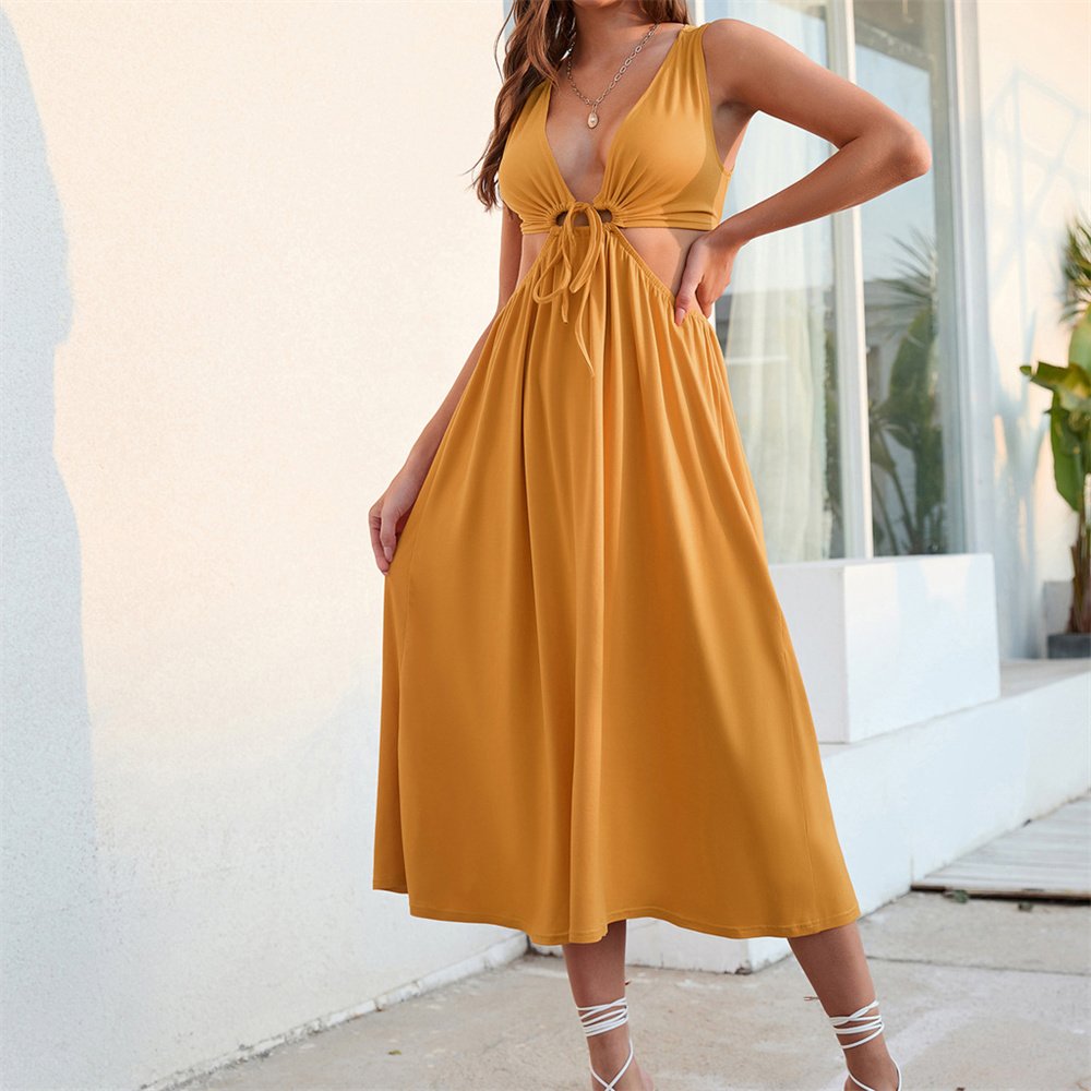 New Arrivals V Neck Hollow Out Knit Waist Lace Up Beach Maxi Vacation Cheap Casual Plus Size Women Dresses