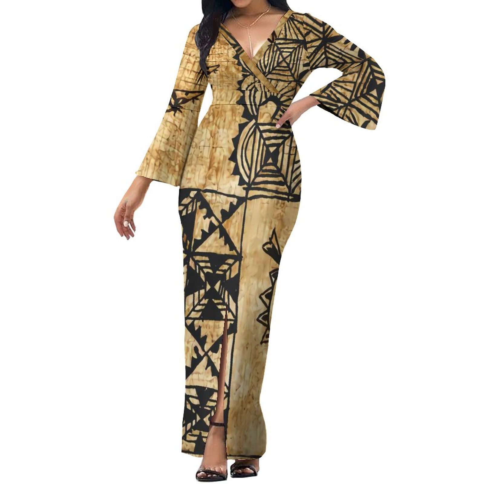 New Pacific Heritage Design Custom Deep V Neck Flare Sleeve Split Casual Dress Polynesian Print Maxi Dresses Women Lady Elegant