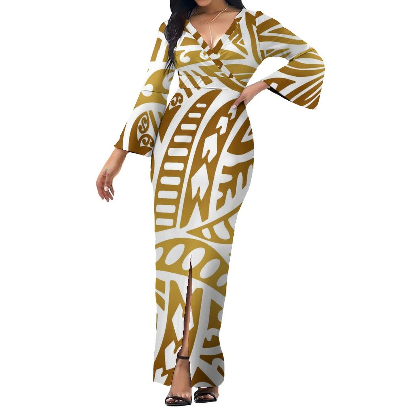 New Pacific Heritage Design Custom Deep V Neck Flare Sleeve Split Casual Dress Polynesian Print Maxi Dresses Women Lady Elegant