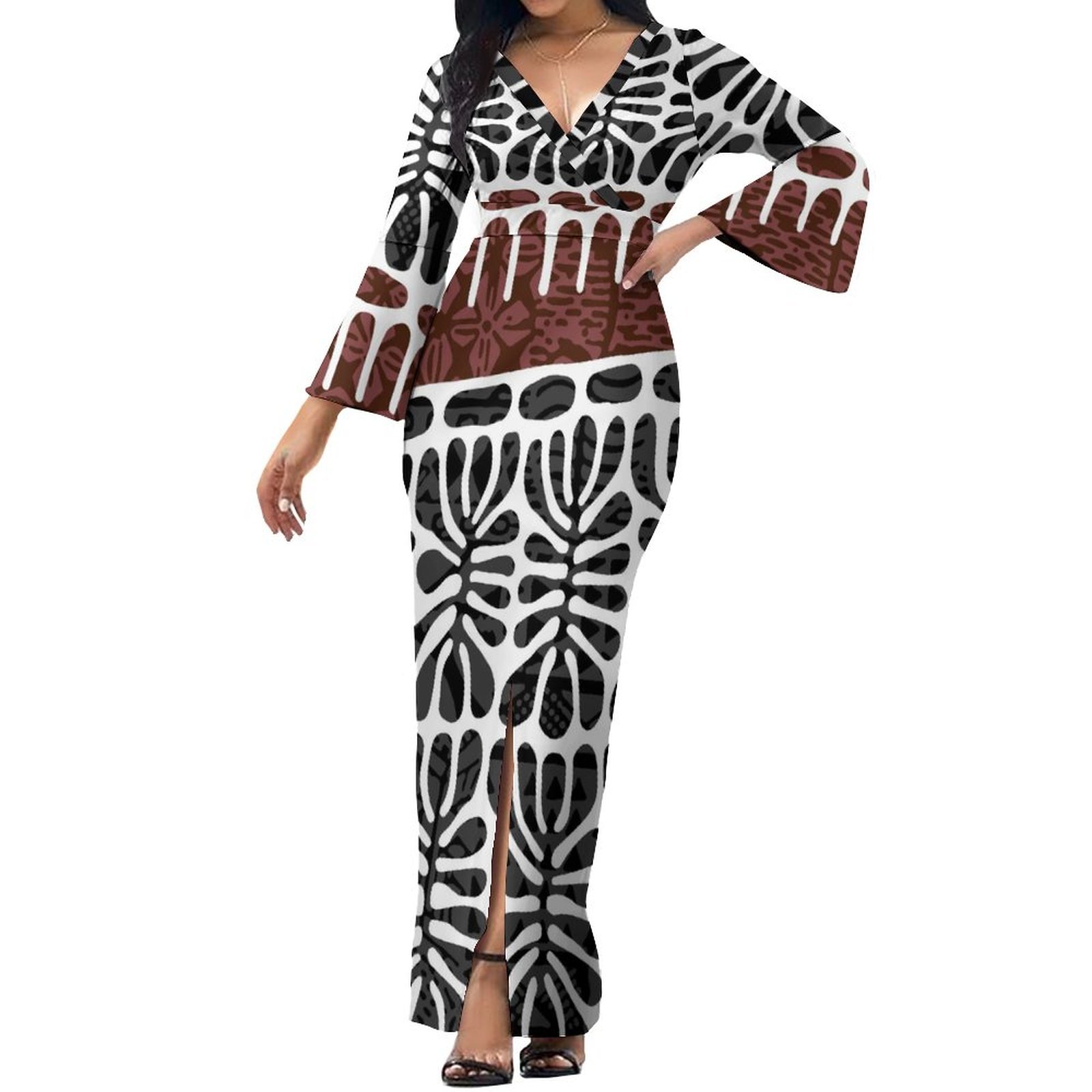 New Pacific Heritage Design Custom Deep V Neck Flare Sleeve Split Casual Dress Polynesian Print Maxi Dresses Women Lady Elegant