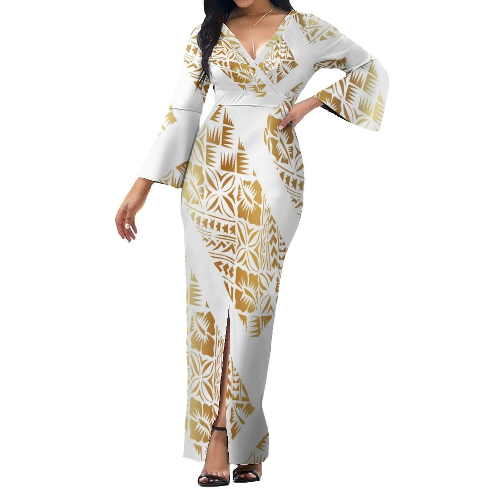 New Pacific Heritage Design Custom Deep V Neck Flare Sleeve Split Casual Dress Polynesian Print Maxi Dresses Women Lady Elegant