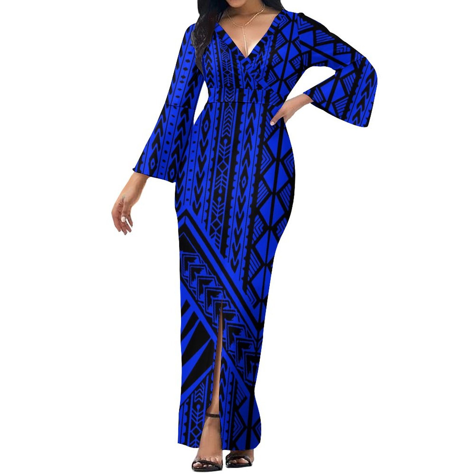 New Pacific Heritage Design Custom Deep V Neck Flare Sleeve Split Casual Dress Polynesian Print Maxi Dresses Women Lady Elegant