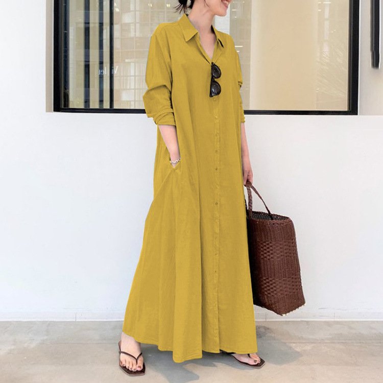 2022 New Style for Women Shirt Dress Pure Color Long Sleeve Pocket Button Muslim Spring Autumn Simple Loose Casual Long Dress