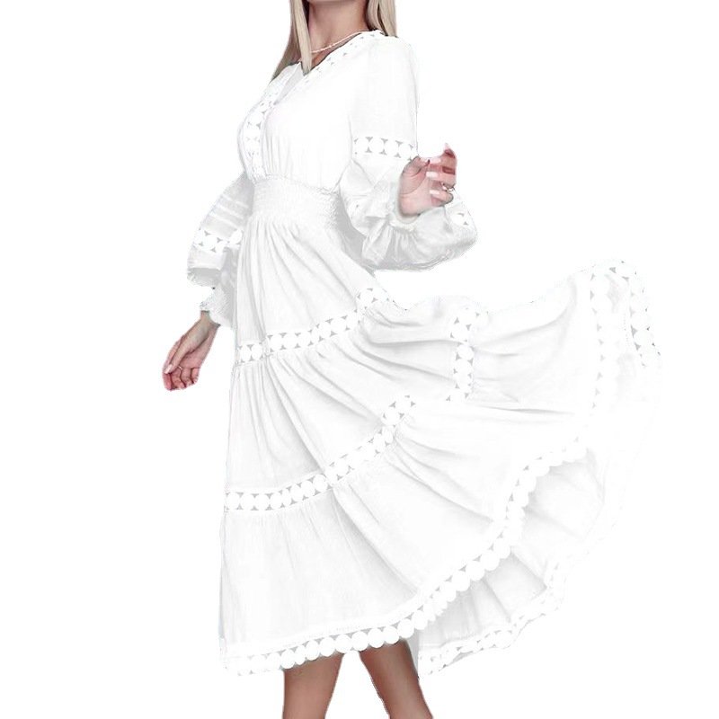 Elegante Vestidos Casuales Seaside Holiday Style Elegant Solid Long Dress 2022 Autumn New V-neck Elastic Waist Large Swing Dress