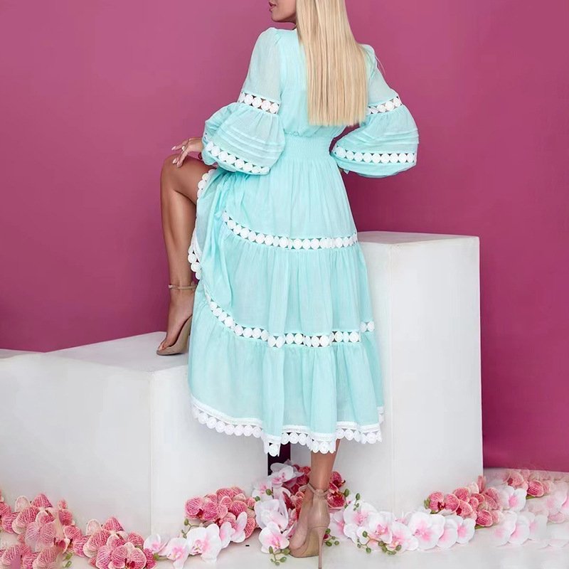 Elegante Vestidos Casuales Seaside Holiday Style Elegant Solid Long Dress 2022 Autumn New V-neck Elastic Waist Large Swing Dress