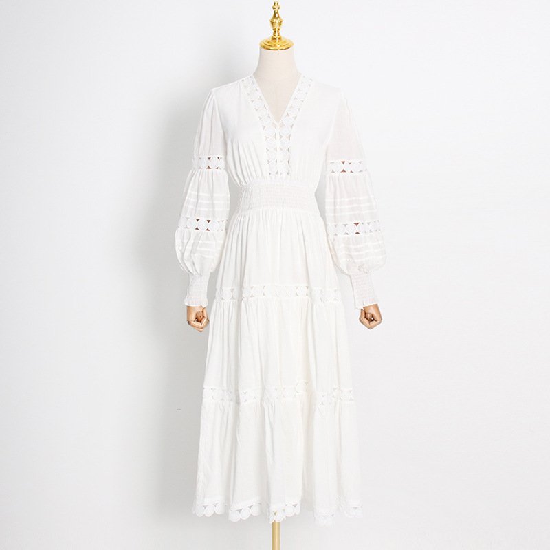 Elegante Vestidos Casuales Seaside Holiday Style Elegant Solid Long Dress 2022 Autumn New V-neck Elastic Waist Large Swing Dress