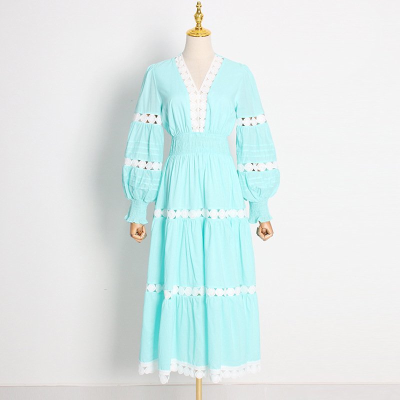 Elegante Vestidos Casuales Seaside Holiday Style Elegant Solid Long Dress 2022 Autumn New V-neck Elastic Waist Large Swing Dress