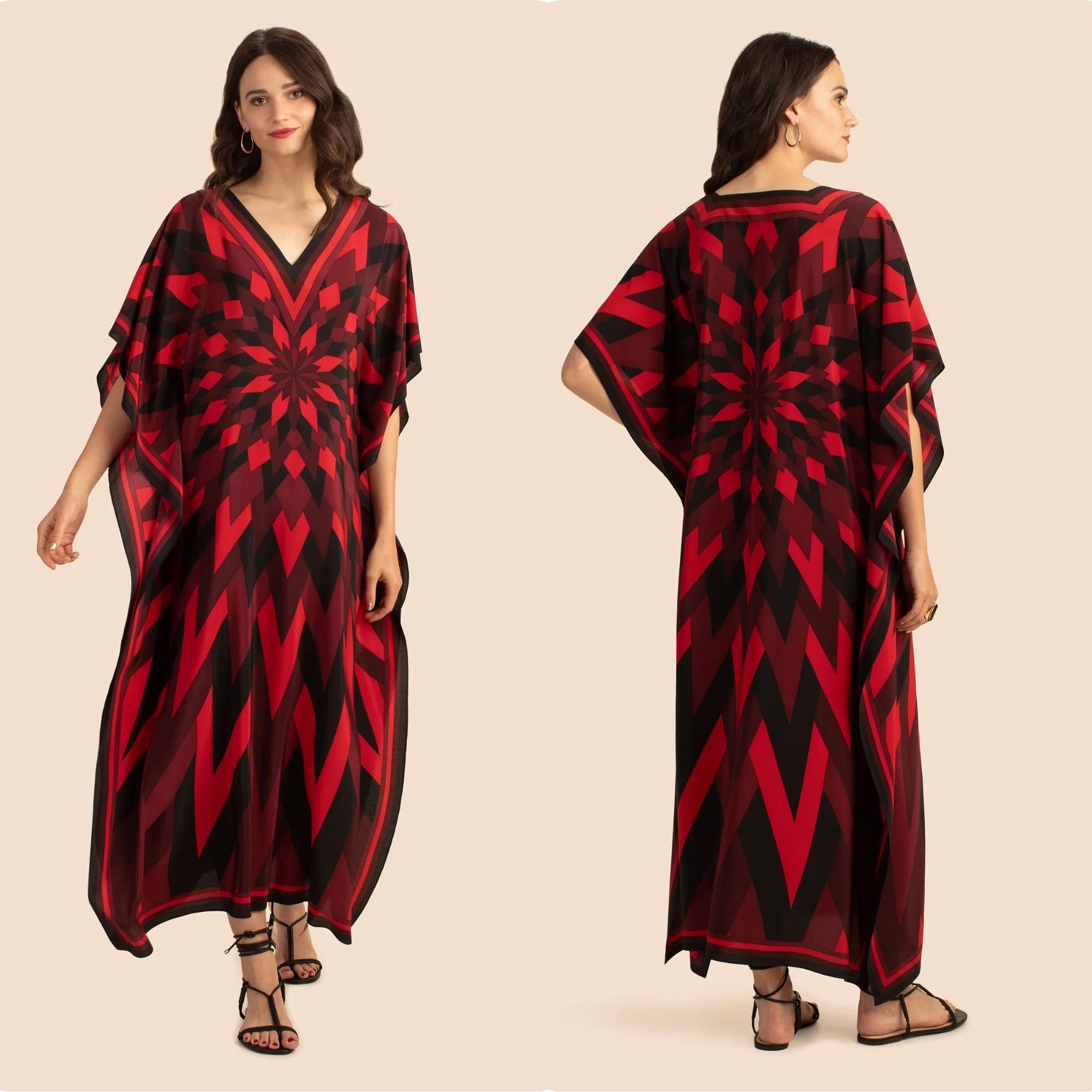 NO MOQ Ruby Red Geometric Printed Modern Beach Fashion Wear Evening Kaftan Caftan Top Dress