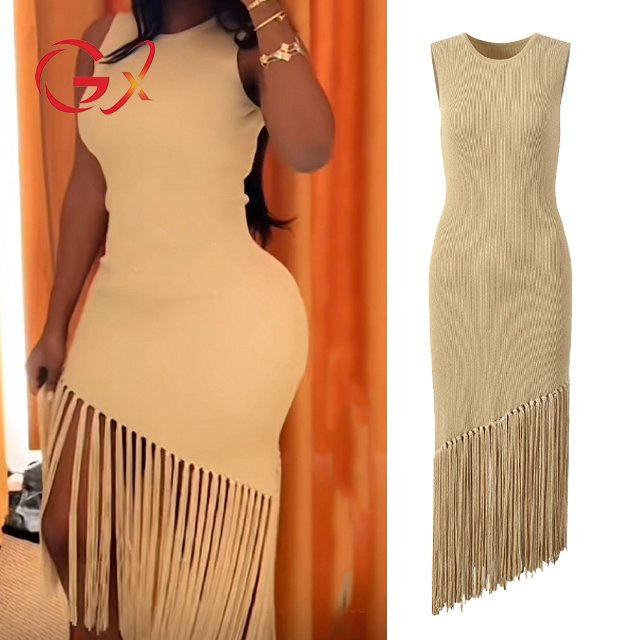 GX24600 Luxury Quality Summer Sexy O-Neck Party Long Tassel Dress Sleeveless Slim Fit Knitted Evening Dresses