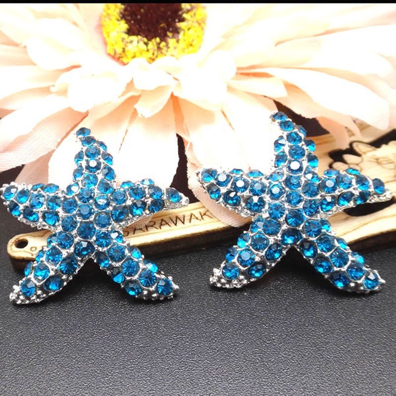 30mm Auqa Rhinestone Starfish Embellishment rhinestone Starfish Shank in silver metal Button wholesale