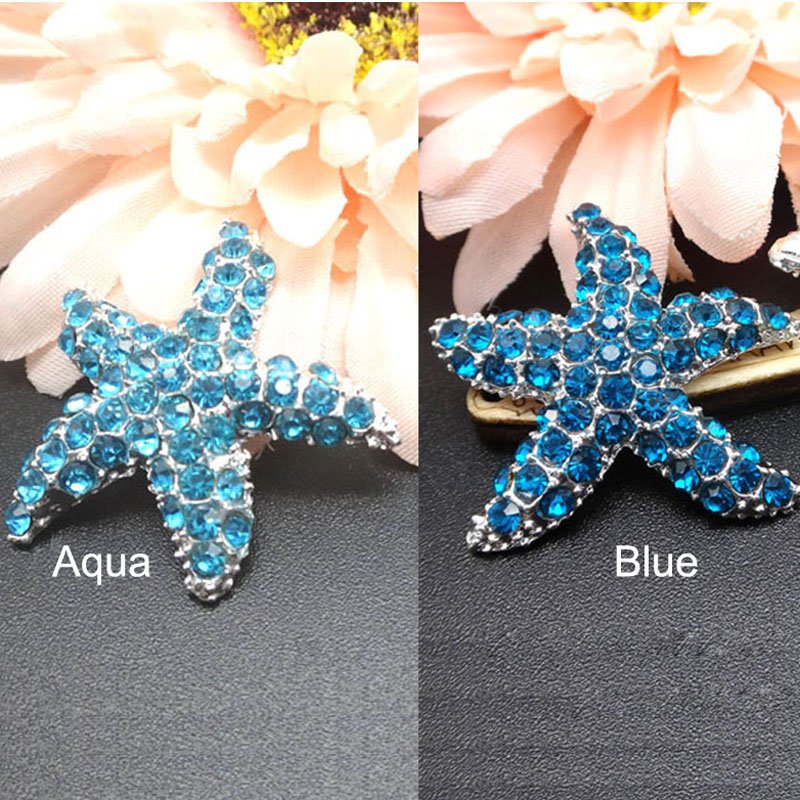 30mm Auqa Rhinestone Starfish Embellishment rhinestone Starfish Shank in silver metal Button wholesale