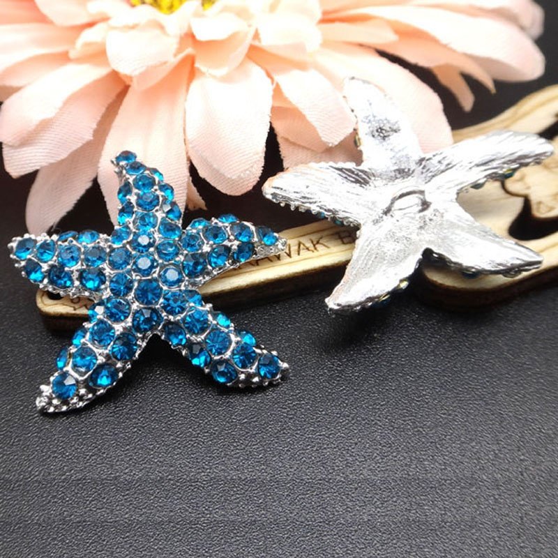 30mm Auqa Rhinestone Starfish Embellishment rhinestone Starfish Shank in silver metal Button wholesale