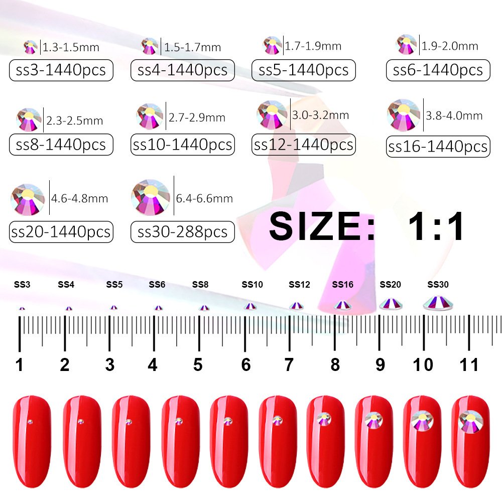 Lan Guang Wholesale 1440pcs Ss3-ss30 Crystal Stones Stickers Bulk Flatback Rhinestones Non Hot Fix Strass AB Glass Opp Bag