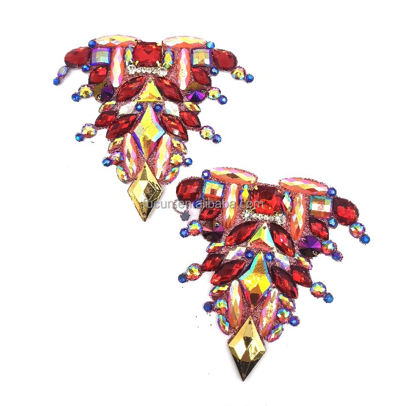 Ladies evening party costumes red crystals motif applique rhinestones for carnival backless dress