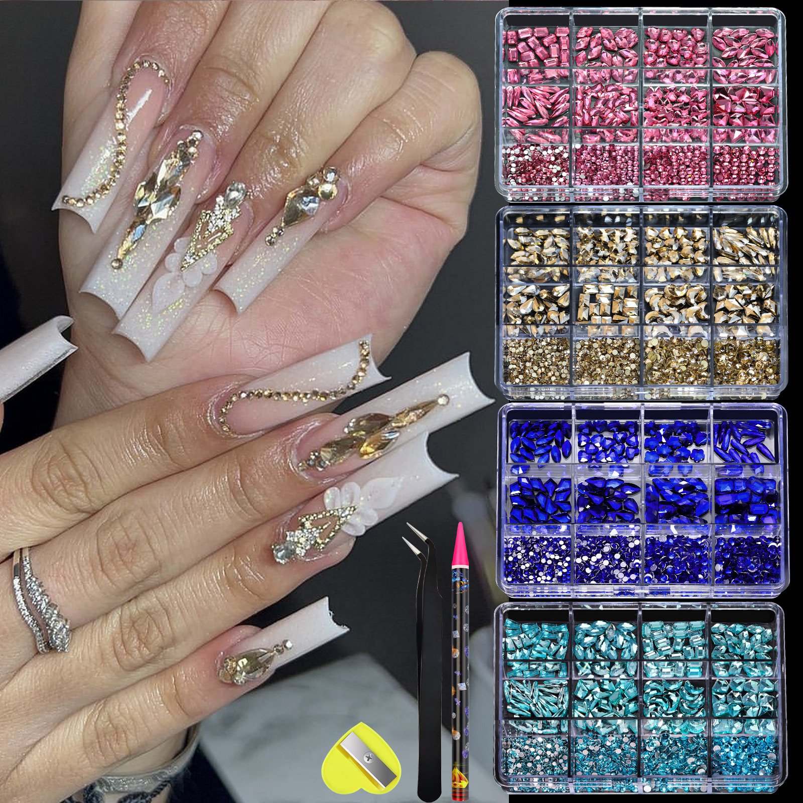 New Flat Bottomed Diamond Mixed Size Nail Rhinestones Mixed With Round Glass Diamond Nail Art Crystal