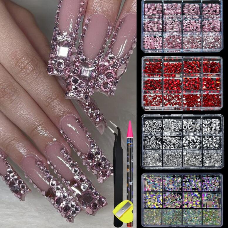 New Flat Bottomed Diamond Mixed Size Nail Rhinestones Mixed With Round Glass Diamond Nail Art Crystal