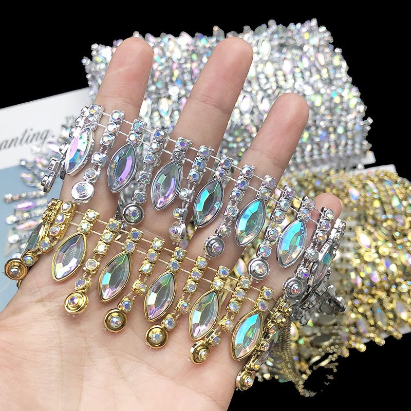 hot sell 3cm Golden silver Luxury rhinestone and crystal trimming gold fringe tassel trim
