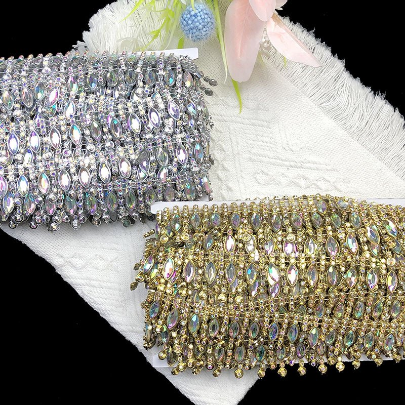 hot sell 3cm Golden silver Luxury rhinestone and crystal trimming gold fringe tassel trim