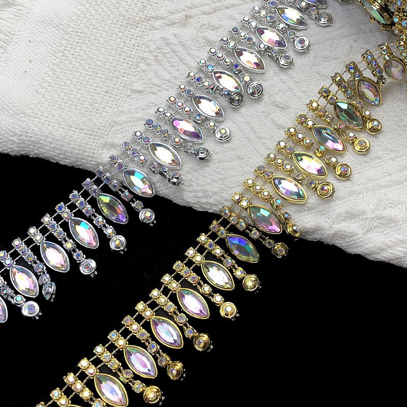 hot sell 3cm Golden silver Luxury rhinestone and crystal trimming gold fringe tassel trim