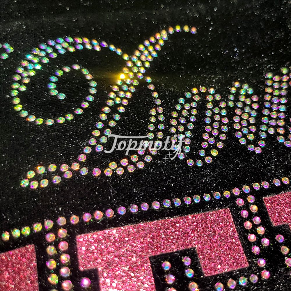 Eco friendly products pink glitter vinyl cheer letter design hot fix heat press rhinestone transfers
