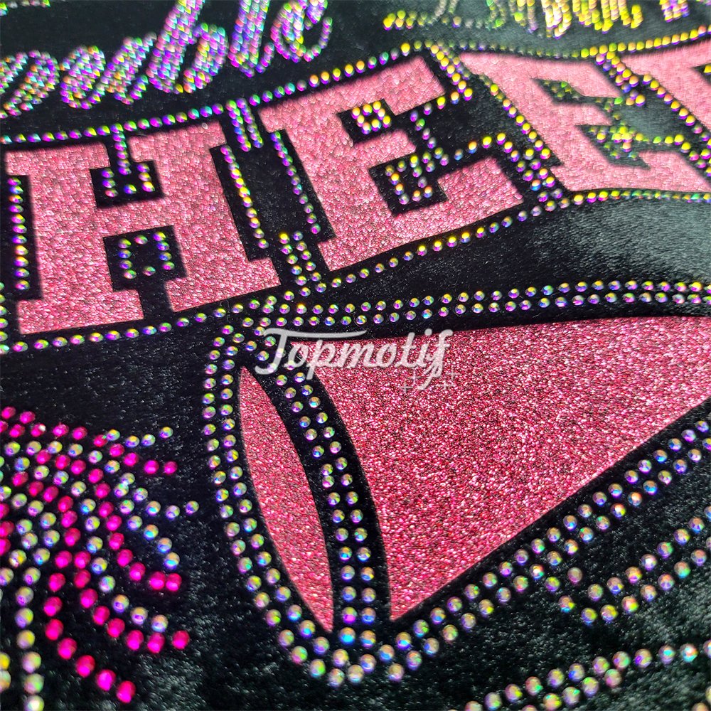 Eco friendly products pink glitter vinyl cheer letter design hot fix heat press rhinestone transfers
