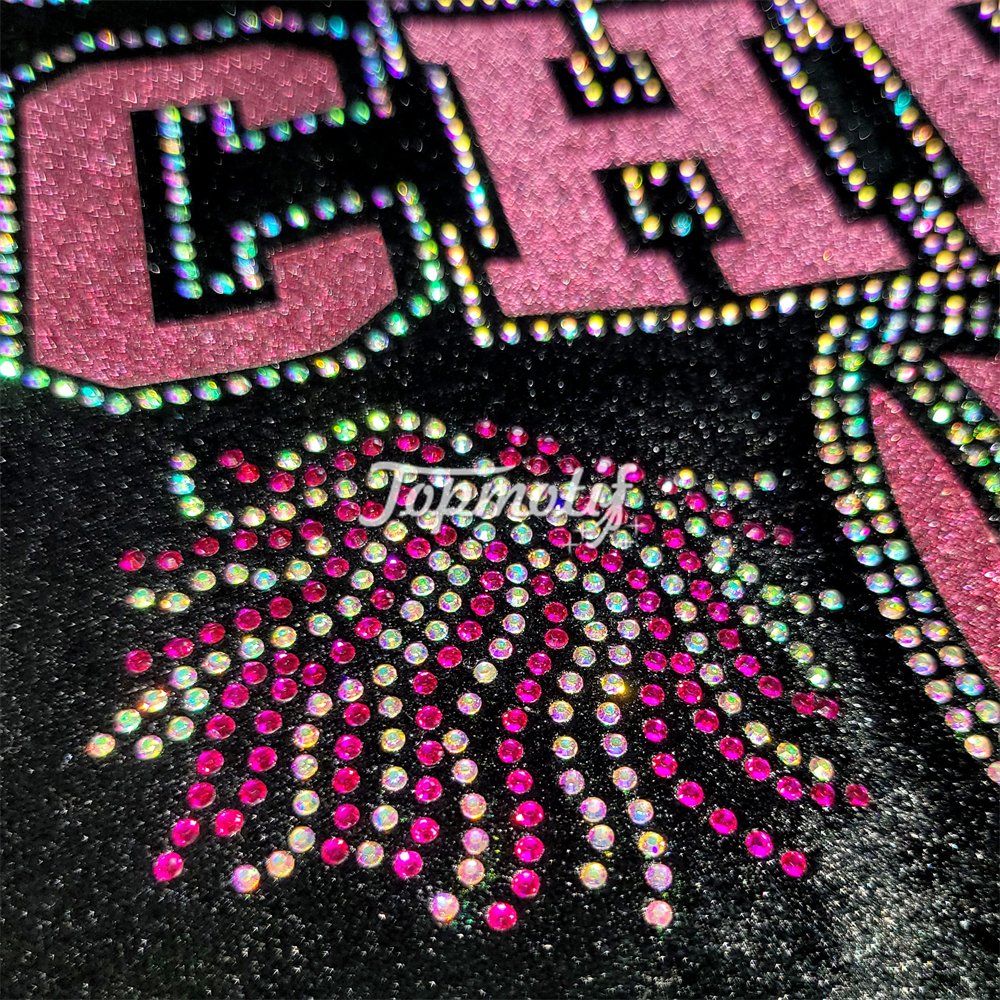 Eco friendly products pink glitter vinyl cheer letter design hot fix heat press rhinestone transfers