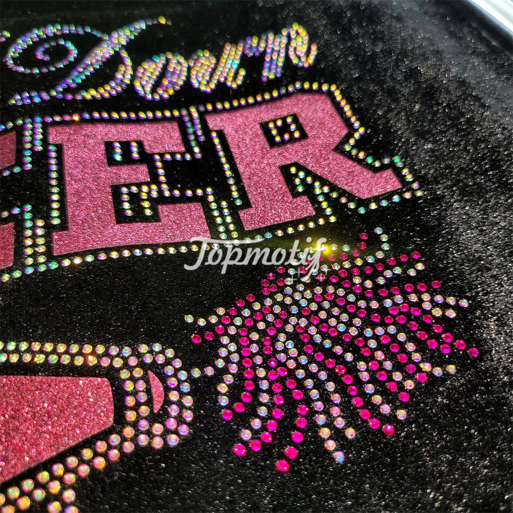 Eco friendly products pink glitter vinyl cheer letter design hot fix heat press rhinestone transfers