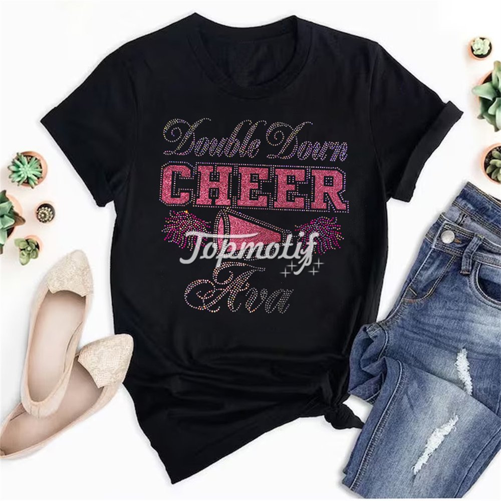Eco friendly products pink glitter vinyl cheer letter design hot fix heat press rhinestone transfers