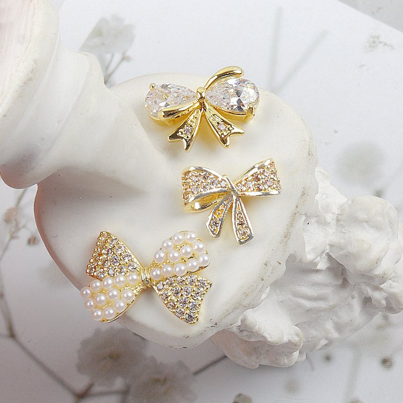 Bows Nail Charms Rhinestones Alloy Pearl Bowknot Nail Accessory for Women Girls Nail Decoration